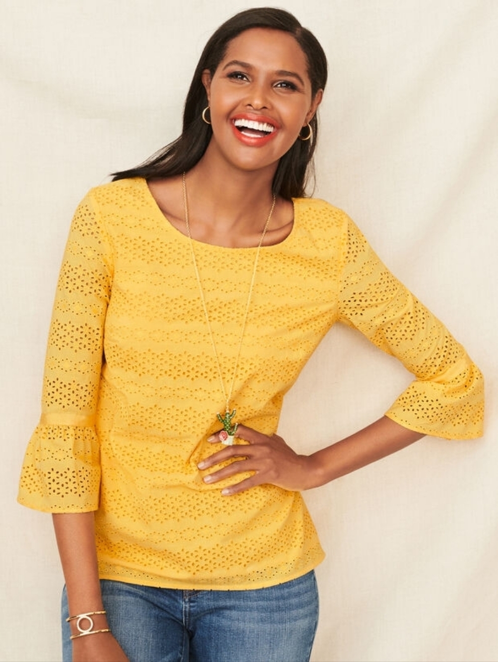 Talbots Eyelet Flare Sleeve Yellow Top
